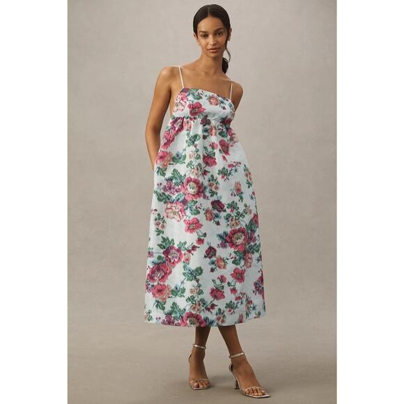 NWT ANTHROPOLOGIE BHLDN Sophia Apron-Top Jacquard Midi Dress $248 MEDIUM Teal - Picture 1 of 4